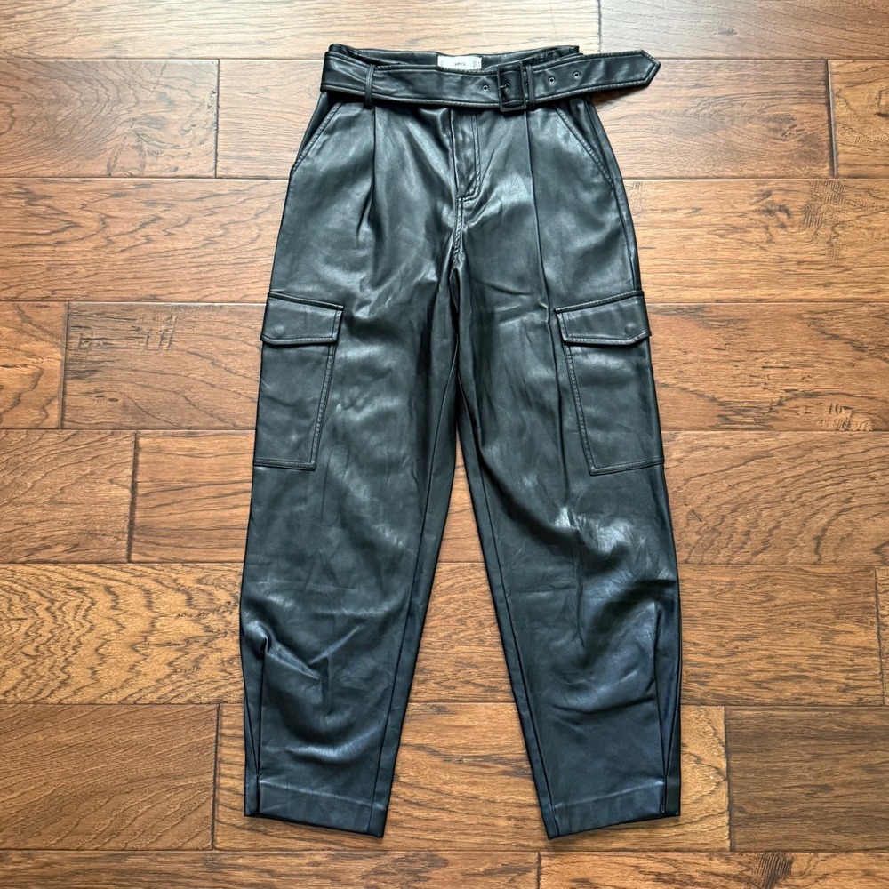 Mango MNG Faux Leather Cargo Trousers Belted Night Out Pants Black Size 4